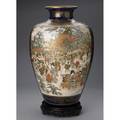 Japanese satsuma type palace vase one side depicting a festival scene the other with geese wisteria and chrysanthemum on cobalt ground early 20th c marked 23
