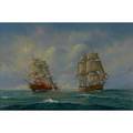 Earl e collins american 19251992 oil on canvas of sea battle between british and american ships framed signed 24 x 36