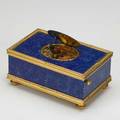 Swiss music box gilt bronze and lapis with singing bird 20th c in working order stamped reuge music 2 x 4 38 x 2 34