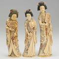 Three japanese ivory figures three finely carved and decorated geishas two with fans 20th c 10 34