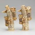 Two chinese ivory figures carved and decorated street vendors 20th c signed taller 10 14