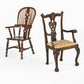 Two georgian armchairs chippendale style with ball and claw feet and windsor with heart decorated back taller 45 x 26 x 28