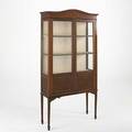 Edwardian china cabinet mahogany with line inlay three shelves behind glass doors ca 1900 70 x 36 x 12