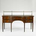Hepplewhite style sideboard mahogany with inlaid drawer fronts tapered legs and brass gallery 20th c 47 x 72 x 26