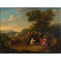 Early 19th c european religious scene oil on panel depicting jesus and the parable of the loaves and fishes framed 15 x 19