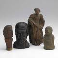 Carved figure grouping ten include figures and heads in clay stone metal or wood age uncertain tallest 7