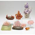 Asian hardstone grouping eleven pieces of pink and purple quartz agate and others 20th c tallest 5 34