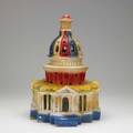 Painted plaster decorative accessories lamp in the shape of the capitol building with patriotic coloration and polychrome bowl of fruit both 20th c lamp 17 x 11 bowl 8 x 12 dia
