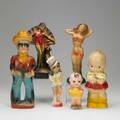 Carnival prize figurines six 20th c two kewpie dolls drum majorette two bathing beauties and the lone ranger tallest 14