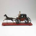 Folk art stagecoach carved wood complete with driver and two passengers on wood base 19th c 11 34 x 24 x 6