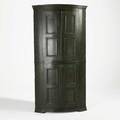 Barrelfront corner cupboard interior spoon cutouts and mounted panel doors probably english 19th c 71 12 x 40 x 21