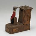 Tramp art bank gentleman in a red coat tips to deposit coin in bank ca 1900 6 12