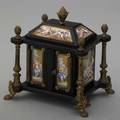 Viennese enamel and gilt bronze mounted miniature cabinet ca 1880 ebonized wood cabinet on claw feet interior fitted with two drawers all surfaces set with scenic or figural gilded plaques depict