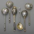 Six russian silver soup or fish spoons 4 scenic niello soup spoons 2 marked for maria semenova 1896 depict church of st basil and church of christ the savior 1 by unidentified maker 1896