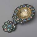 Russian enameled silvergilt tea strainer ovchinnikov 18981908 polychrome cloisonne on stippled ground gilt bowl interlaced monogram behind handle 248 ot 5 14 x 3