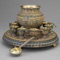 Russian enameled gilt silver punch set moscow 1892 88 lev oleks assayer effaced marks ovchinnikov and imperial warrant bulbous punch bowl and 10 hook handled cups on stepped ball footed plateau