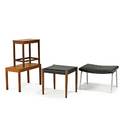 Hans wegnerjohannes hansen etcbench stool and two side tables denmark 1960sleather matte chromed steel and teakmost markedbench 15 x 23 x 20 12