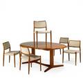Niels o mollerjl mollersset of five dining chairs and table denmark 1960steak and woolchairs and table signedchairs 31 x 20 x 20 table 28 x 67 12 x 45 12 and leaf 19 34