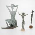 Modernist sculpturethree abstract patinated metal pieces mid 20th cunmarkedtallest 11