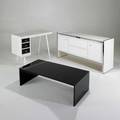 American modernthree pieces cabinet desk and coffee tablelacquered wood laminate chromed metal and acrylicunmarkedcabinet 29 12 x 60 x 17