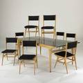 Carlo di carlisinger and sonsdining table and set of eight dining chairs italy 1950soak ebonized wood and upholsteryunmarkedtable 30 12 x 87 x 42 chairs 34 x 18 x 23