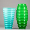 V nason  cotwo ribbed glass vases italy 1990sengraved signaturesone labeledtaller 14 12