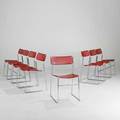 Tomadoset of eight chairs denmark ca 1960perforated and enameled steel and chromed steelunmarkedeach 29 x 18 x 18