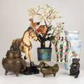 Asian decorative groupseven pieces including a threefooted bronze censor with figural dragon finial cloisonne flower pot with hard stone petals and leaves etcsome markedtallest 20