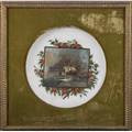 Convex plaqueoil on porcelain of landscape over holly leaves frameddia 17 plaque