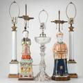 Traditional lightingfive 19th20th c two asian porcelain figures pair bronze mounted opalescent glass and a converted oil banquet lampunmarkedtallest 32