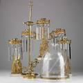 Glass lightingfive pieces 19th20th c prism garniture set bouillotte lamp and cut crystal hanging hall fixturetallest 28 12
