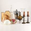 Glass group etcnine pieces including two decanters paperweight pair of candlesticks swingarm sconce silverplate cocktail shaker and table screen 1920th ctallest 15 34