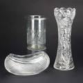 Etched and cutglassthree pieces 19th20th c large brilliant cut vase oval faceted centerpiece bowl and cylinder vase with etched floriform adornmentunmarkedtallest 18 34
