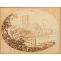 Adrian zingg dutch 17341816ink and sepia wash sketch on paper of a landscape with figures framedsigned3 x 5 oval