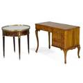 Frenchprovincial desk and center table 20th cwalnut mahogany marble and brassunmarkeddesk 29 12 x 40 x 21 table 28 x 26 12 dia
