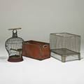 Machine agethree pieces potato basket birdcage and storage binsteel brass and paperunmarkedbirdcage 26 12