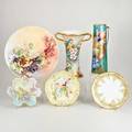 Limoges goupsix handpainted pieces france early 20th c tall pitcher doublehandled vase round tray and three serving dishestray 13 58
