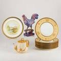 English european porcelain and faiencetwelve pieces early 19th20th c faience polychrome rooster nine bavarian dinner plates with gilt decorated and garland motif royal worcester lobed floriform