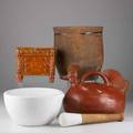 Pottery groupfour pieces 19th20th c redware sponge decorated bank storage crock and rooster hotwater kettle porcelain mortar and pestle unmarkedtallest 10 34