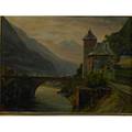 Oil painting on boardriver scene with bridge and castle framedinitialed and dated 18846 x 8 14