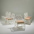 Mcguirenine chippendale style dining chairs two arm and seven side usa ca 2000whitewashed rattan and upholsteryunmarkedarmchair 33 x 21 12 x 25 side chair 36 x 17 x 22
