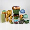 American art potterysixteen pieces roseville peony drink set roseville clematis vase two robinson ransbottom jardinieres ungemach planter pisgah forest vase weller coppertone frog two squat ves