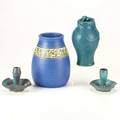 Contemporary arts  craftsfour pieces ephraim pottery vase pair of pewabic candlesticks and reproduction van briggle lorelai vaseall markedtallest 7 12