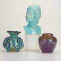 Mildred walkinslawrence blazey etcthree pieces lidded stoneware vessel by blazey in teal with trailed abstract decoration and floriform stopper mildred watkins vase in mottled plum flambe with scor