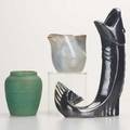 Chicago potterythree pieces illinois institute of technology fish vase in mirrored black glaze 1940 eugene deutch pinched pitcher 1945 and ceramic arts studio turned vase in mat green by rabbit