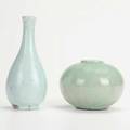 Inwood potterytwo cabinet vessels bud vase in speckled mauve over teal and squat vase in striated teal over brown nyc ca1930both marked inwood pottery nyctallest 5 78