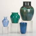 Smithhughes etcfour vessels smithhughes bulbous vase in olive over teal blacksville wva 1937 smaller smithhughes vase in green glaze with incised flower and inscription harry hill newark