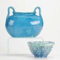 Greenwich housetwo pieces doublehandled pillow vase in persian blue 1926 and paneled bowl in sea foam over blue new york 1920sboth with incised greenwich house cyphervase signed aurelia and dat