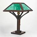 Arts  craftstable lamp early 20th c slag glass and oakunmarked19 12 x 14 sq