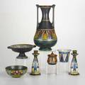 Zuidholland goudaseven pieces mero vase ca1910 clareta tazza 1924 pair of damascus candlesticks ca1915 rhodian bowl ca1910 rhodian planter ca1909 and ebro inkwell 1925 gouda n